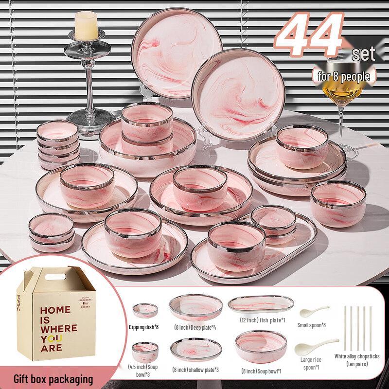 European Pink Marble Ceramic Dinnerware Set, 44-Piece