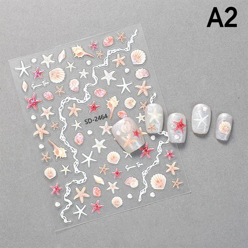 Summer Beach Jellyfish Nail Stickers Colorful Shell Starfish Conch Fish Adhesive Embossed Decals Manicure Foils for Decor