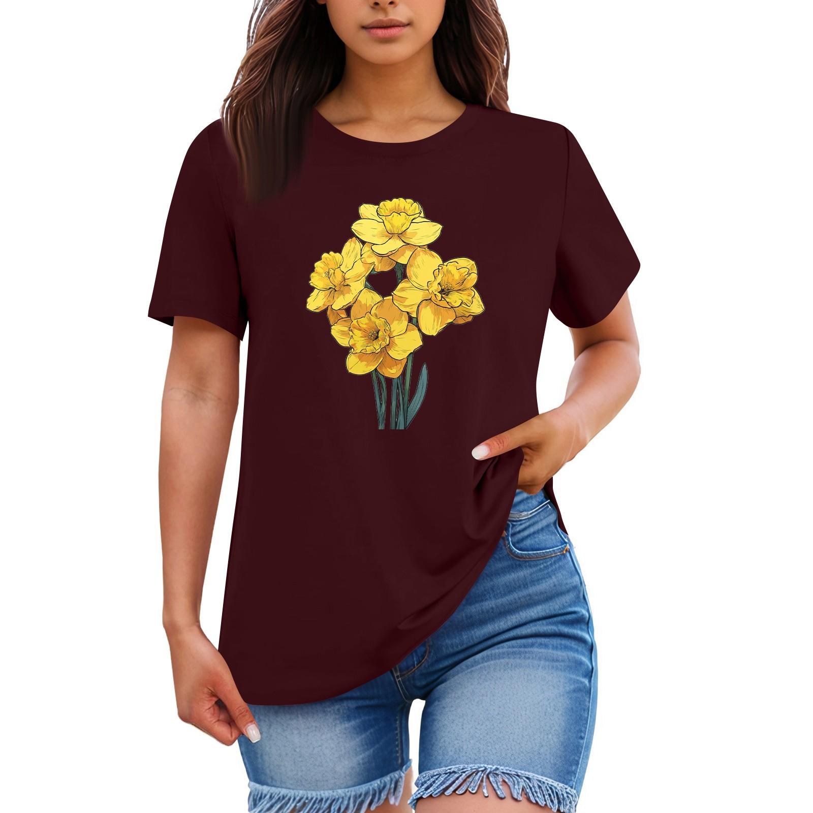 

Ladies Loose Comfortable Casual Fashionable Plant Flower Printed Round Neck Short Sleeved Shirt XL винний