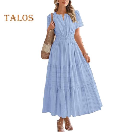 

Женское летнее платье макси, повседневное платье с V-образным вырезом, коротким рукавом, многослойное струящееся платье, присборенная талия, плиссированное длинное платье XXL синий