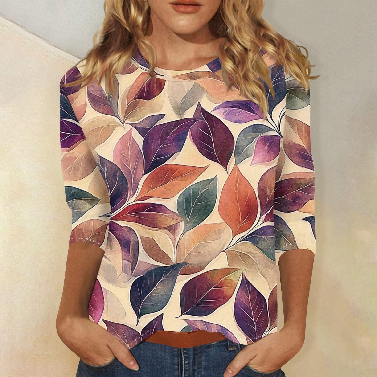 

Women s Floral And Casual Three-quarter Sleeves Floral Print Collar Top L