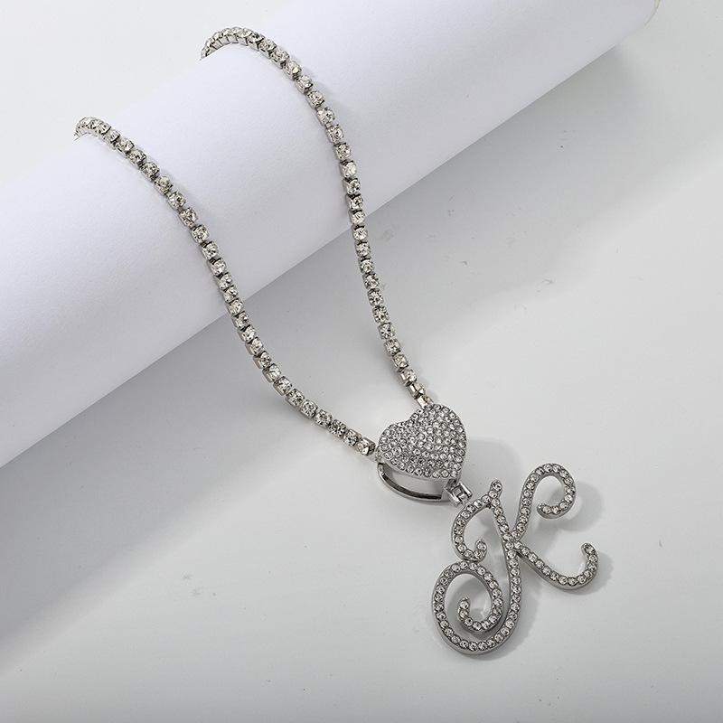 26 Flower Letter Necklace: Hip Hop Heart Pendant with Full Diamond Inlaid Tennis Chain for Women