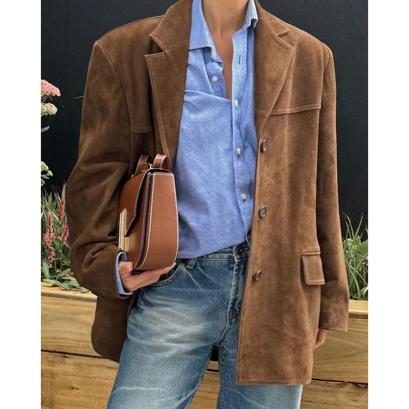 Jesień Zima Vintage Wykładany Kołnierz Zamszowa Tkanina Blezery Kobiety Luźny Casual Jednolity Kolor Pasujący do Wszystkiego Top Garniturowy