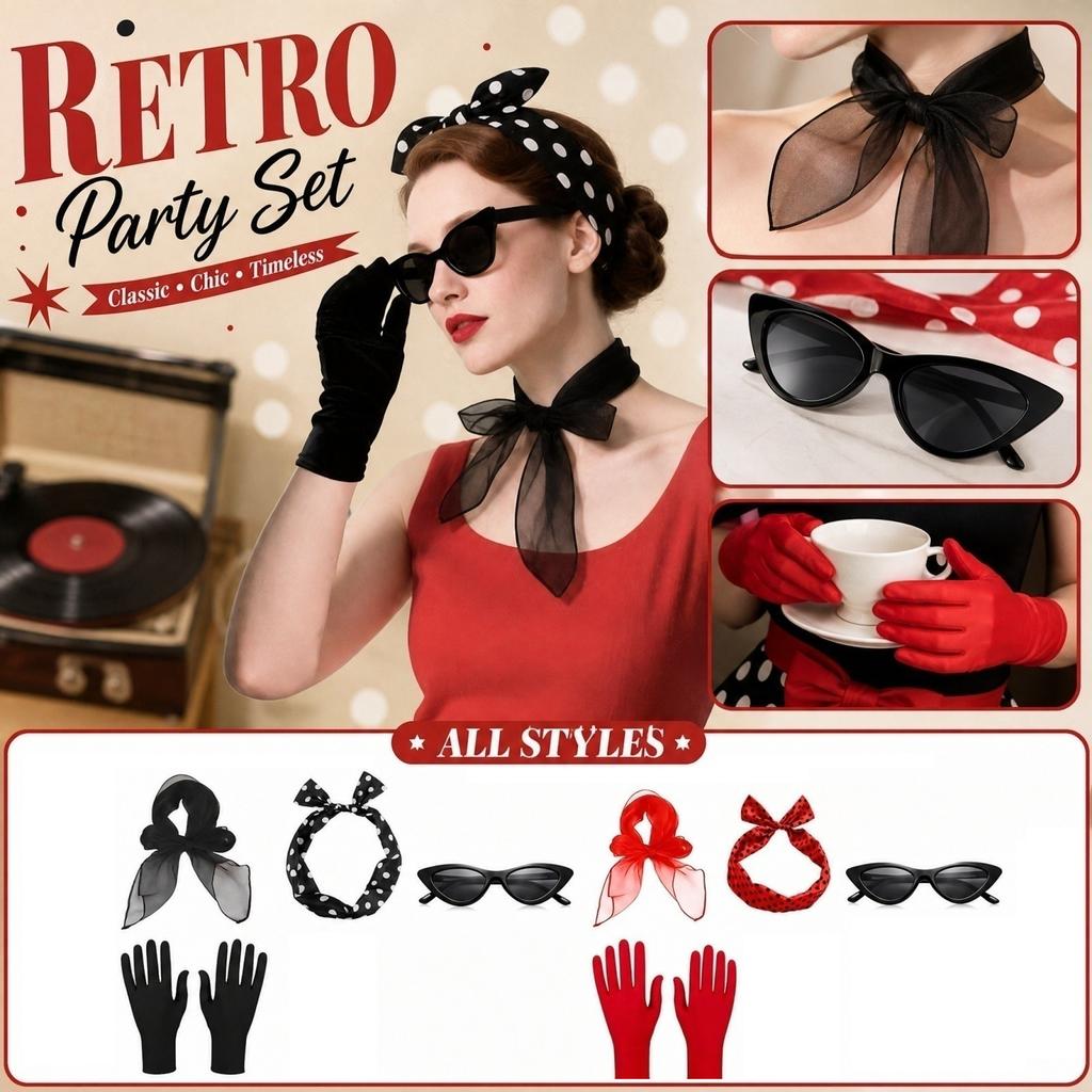 Costume Retro Party Outfit Set with Headband Scarf Glasses Gloves Accessories, 1208