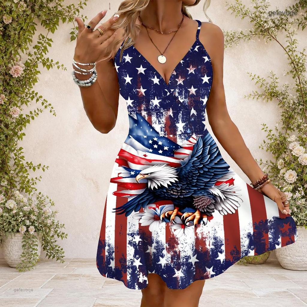 Women Plus Size V Neck Strappy Sleeveless Floral Printed White Gathered Waist Flared Hem Dress