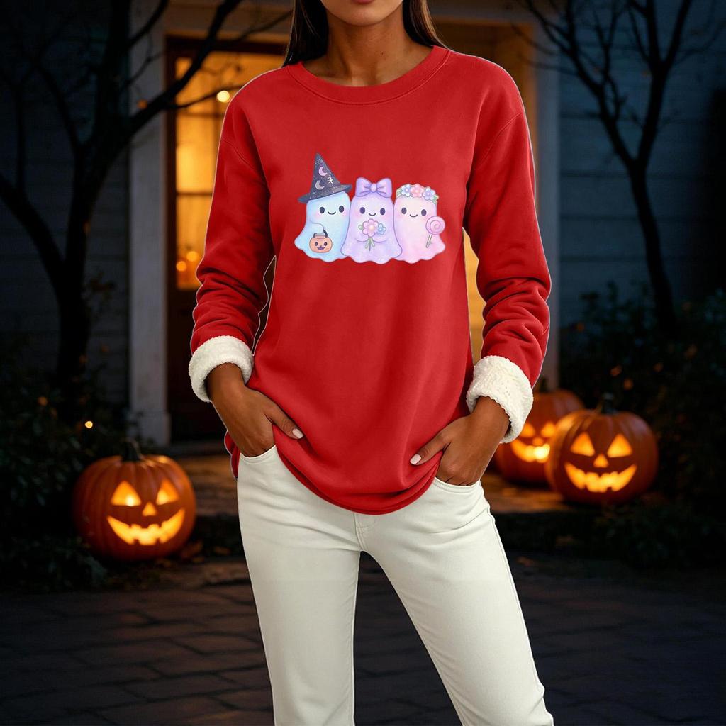 Women's Halloween Print -Lined Long Sleeve Round Neck Sweatshirt for Winter Casual Wear