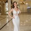 Elegant White Mermaid Wedding Dress | Lace Pearl Backless V-Neck Sleeveless Bridal Gown | Formal Evening Dress for Bride