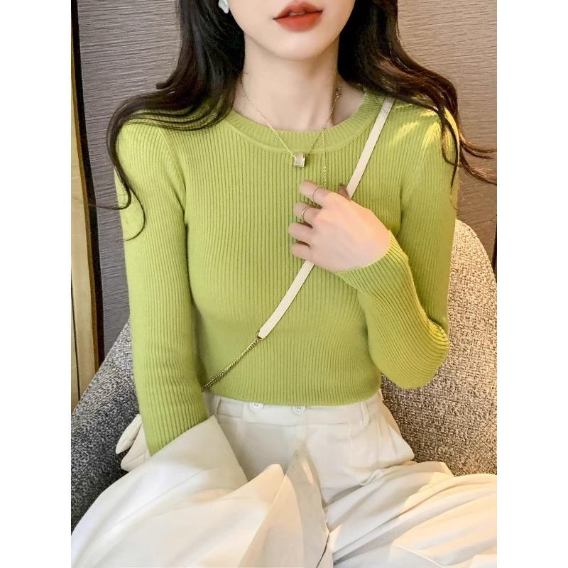 

2025 Autumn/Winter Long Sleeved Bottom Pullover Sweater Elegant Thin Slim Fit Round Neck Knitted Tops Fashion Versatile Solid Color Female Clothing One Size