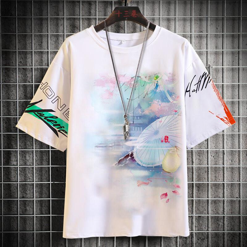 Short sleeved T-shirt, water-based 3D printed short sleeved shirt, neutral summer shirt, creative and fun landscape painting casual top