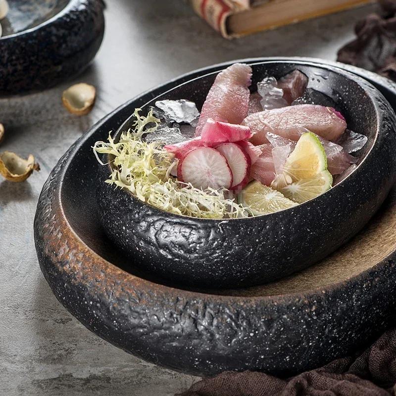 seafood Creative Stone Pattern Ceramic Bowl Thick Edge Sushi Bowl Sashimi Dessert Bowls Soup Bowls Restaurant Special Tableware