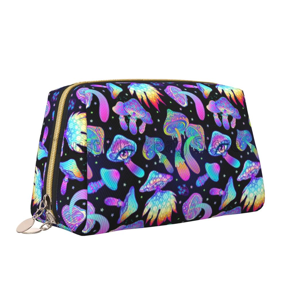Leather Makeup Bag Colorful Mushrooms Cosmetic Bags Portable Travel Toiletry Bag Zipper Storage Bags for Women Friend Wife Gifts