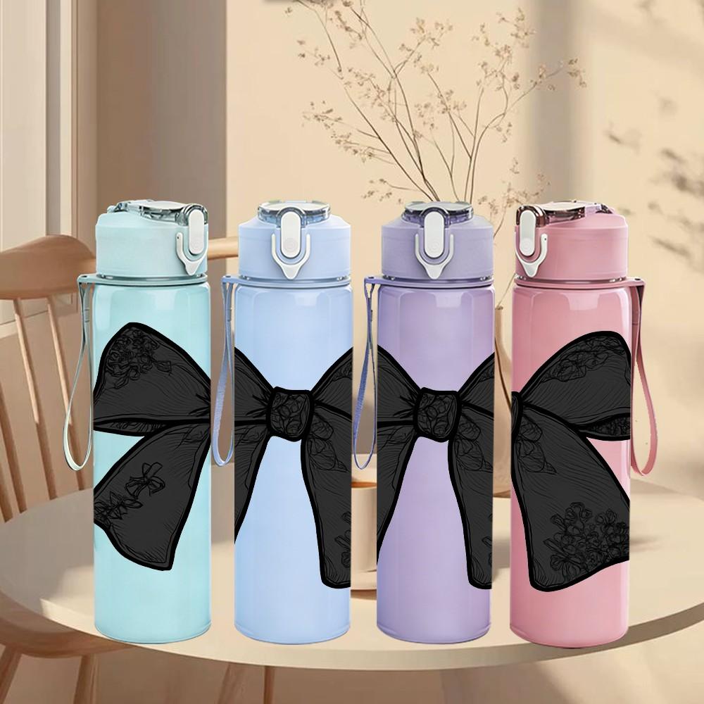 1PC Big Black Bow Knot Simple Print 750ml Color Plastic Sports Water Bottle Leakproof Flip Straw Lid Suitable for Sports Office Home Use