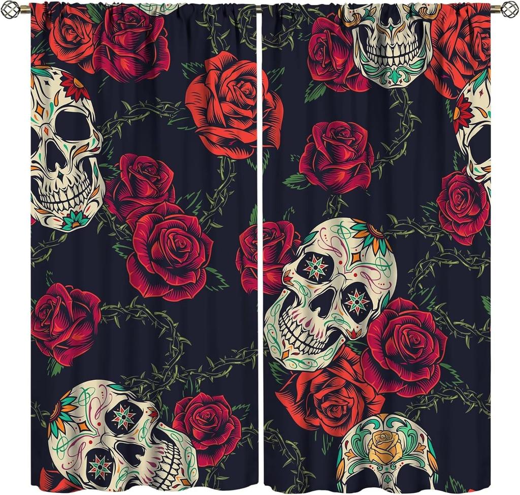 Vintage Skull Curtains Rose Flowers Wildflowers Halloween Theme Scary Curtain Bedroom Living Room Home With Rod Pocket Polyester Ideal For Sitting