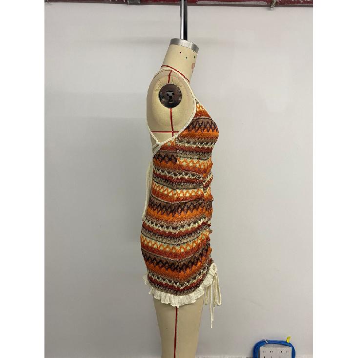 Summer New Women'S Beach Vacation Dress With Suspender Straps Colorful Stripes Knitted Drawstring Backless Strap Dress