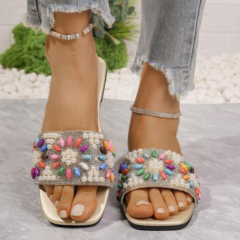 2025 Summer New Large Flat Square Rhinestone Slippers Women's Beach Sandals