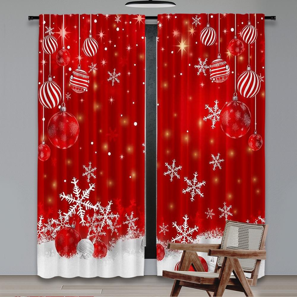 Set Of 2 Flat Printing Christmas Scene Curtains Red Snowflakes Digital Printed Polyester Drapes Birthday Party Use Curtain