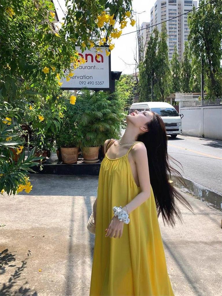 Seaside Resort Yellow Backless Spaghetti Strap A-line Summer Dress for Women
