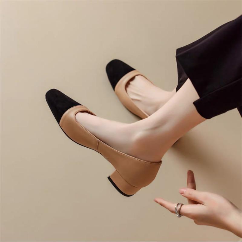 Plus Size 42 Women's High Heel Pumps Square Toe Boat Shoes Patchwork Mid Heels Dress Shoes Square Heels Slip on Basic Pump