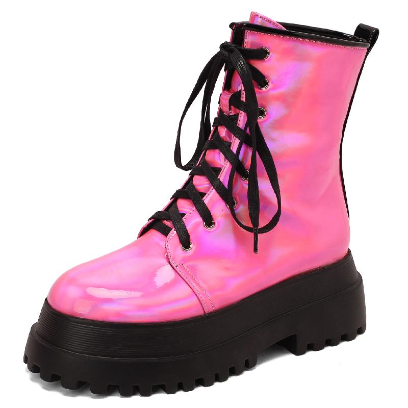 Ботильоны в стиле панк женские на платформе с круглым носком готические золотые короткие армейские на шнуровке осенне-зимние черные синие розовые туфли для вечеринок женские 44 розовый 6070₽