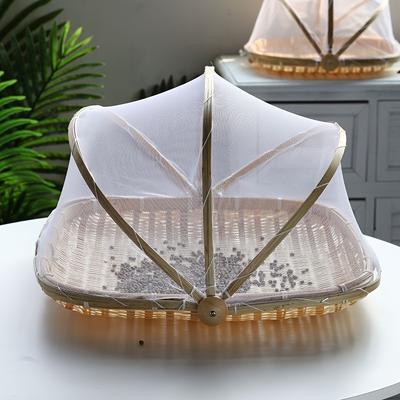 1 Pcs Hand-woven Bamboo Tent Basket with Mesh Lid, Dustproof Household Food Storage Basket for Outdoor and Indoor Use