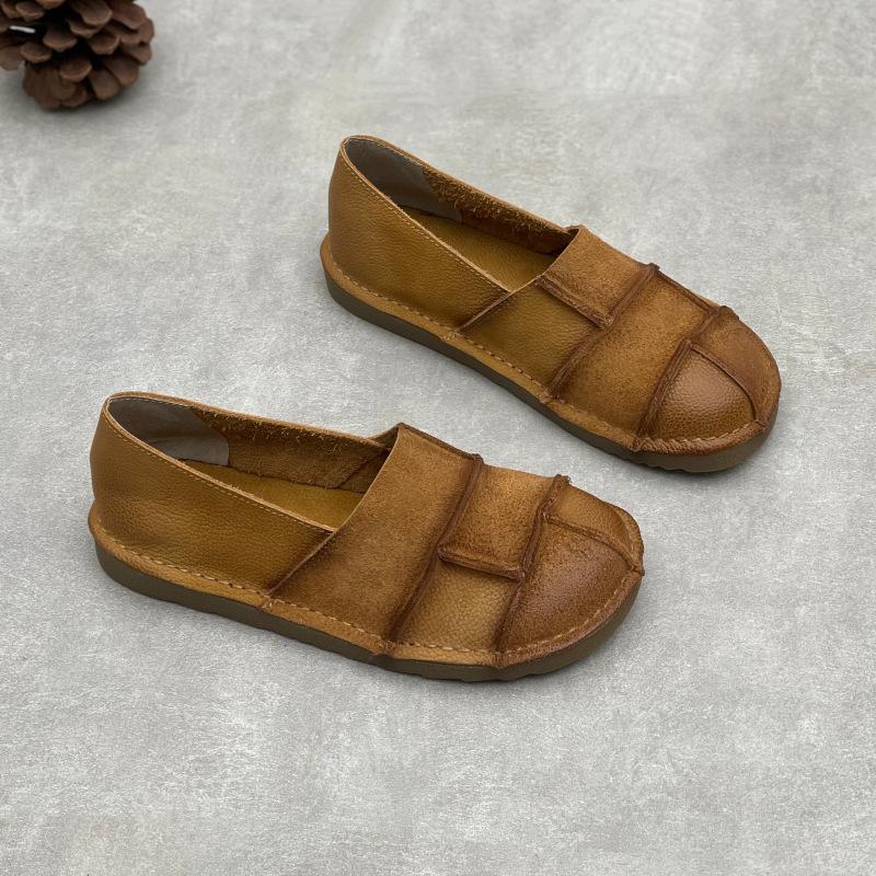 Johnature Handmade Loafers Genuine Leather Flats Retro Round Toe Soft Soled Cowhide Women's Slip-on Shoes
