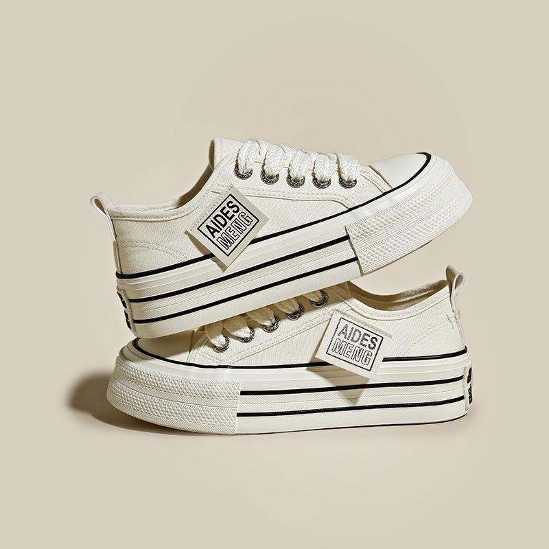 

Платформенные парусиновые туфли женские 2025 новая корейская версия для маленького роста увеличение роста круглый носок шнуровка низкий верх кеды популярные белые туфли 40