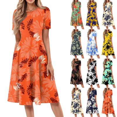 Women's Casual Fashion Round Neck Short Sleeve Floral Printed Midi Dresses