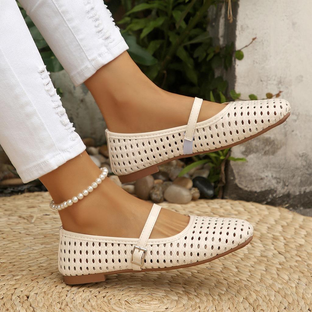 Women's Breathable Perforated Flat Shoes Adjustable Strap Lightweight Comfortable Casual Slip-On Footwear for Daily Wear