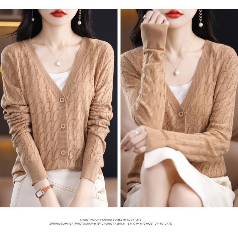 Women S V Neck Long Sleeve Knit Cardigan Slim Fit Solid Color Outerwear