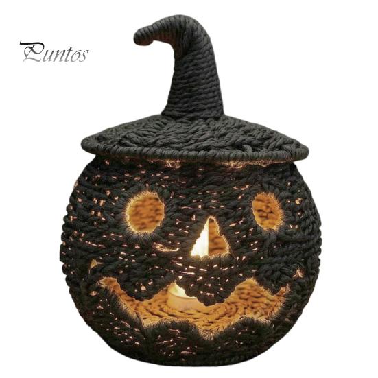 Halloween Candy Holder Handwoven Pumpkin Basket, Spooky Storage Basket with Lid, Vintage Wicker Rustic Seagrass Light Up Lantern LED Candle for Table