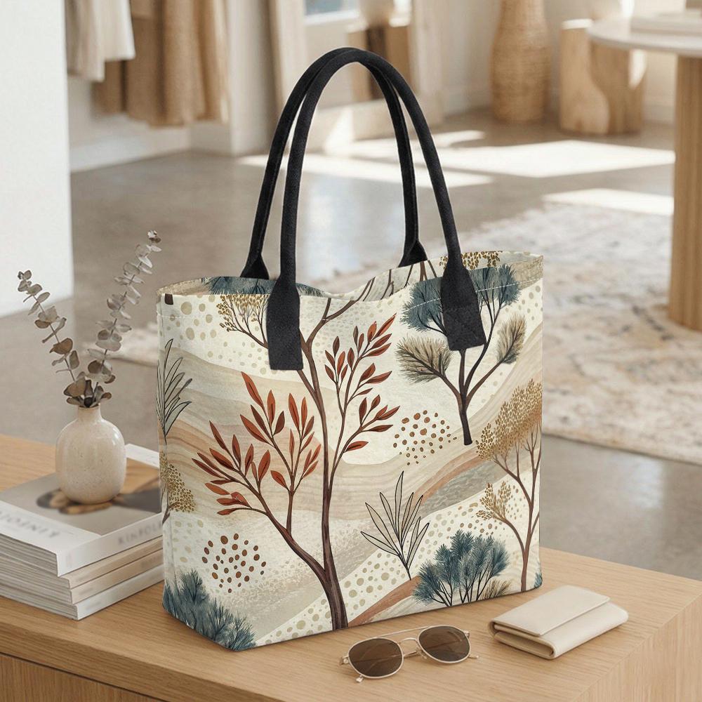 Boho Botanical Print Tote Bag Casual Large Capacity Shoulder Handbag for Daily Use
