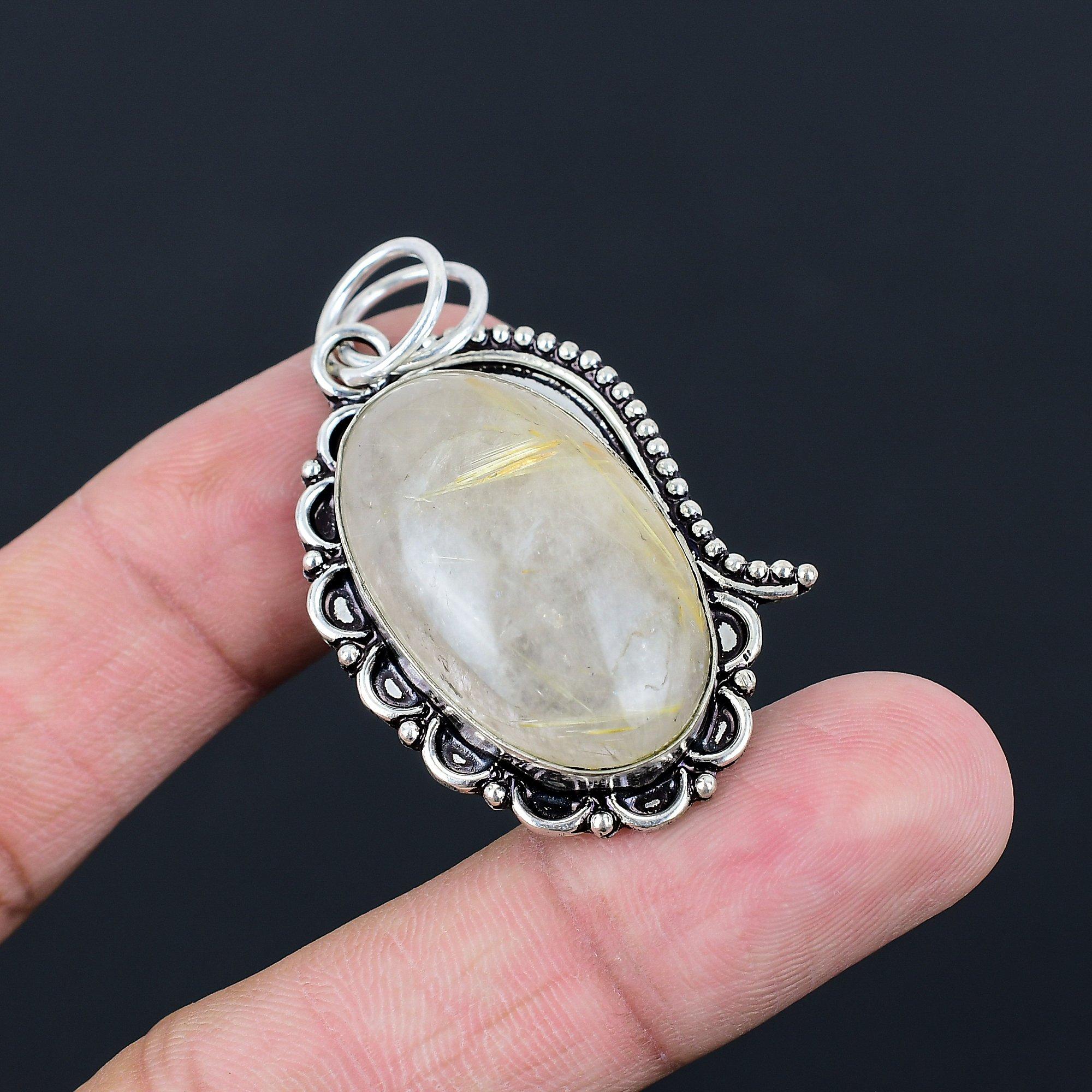 Oval Golden Rutile Gemstone Wedding Trendy Birthday Bezel New Pendant 925 Silver