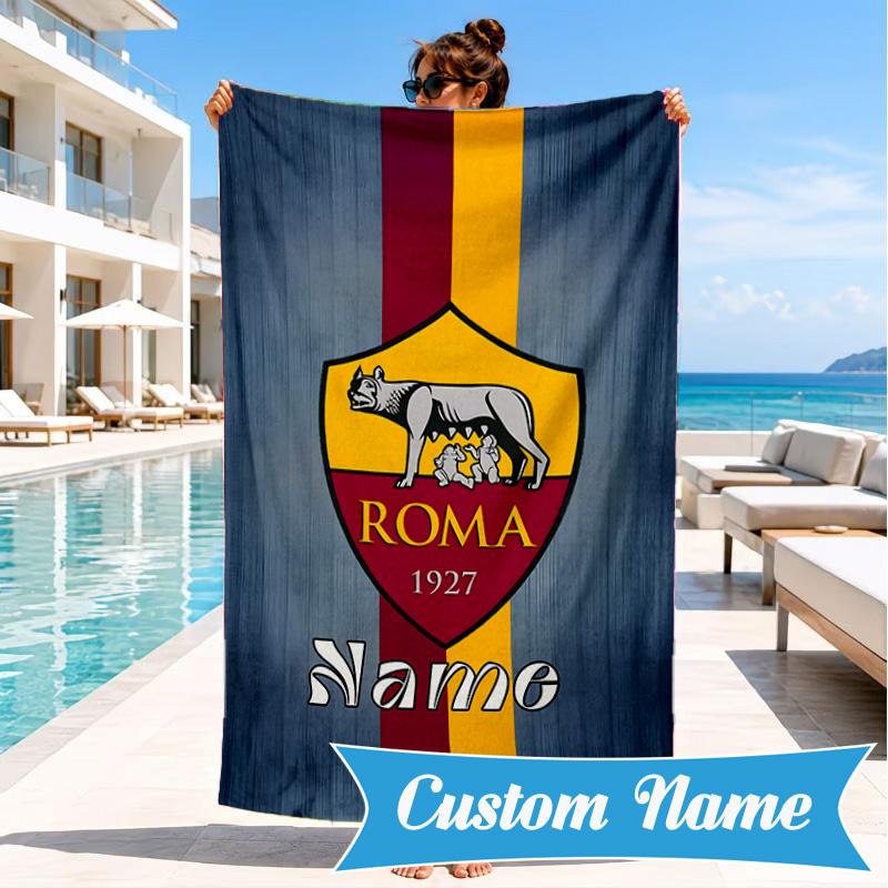 Custom Name Beach Towel Roma Football Crest Emblem Microfiber Beach Towel, Lightweight for Summer Travel, Swimming Pool Fan Birthday Gift