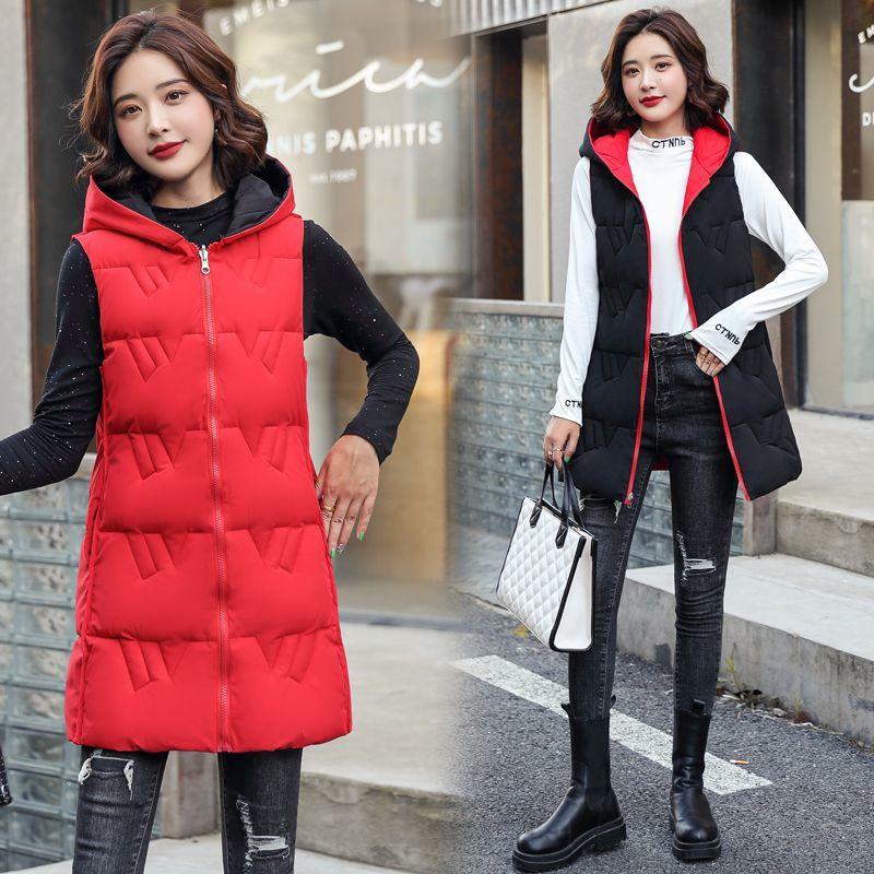 Down Cotton Vest Women's Mid-length Plus Size Thickened Autumn and Winter Fashion Slim Hooded Waistcoat Outer Wear