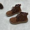 Retro Handmade Genuine Leather Cutout Flat Boots with Round Toe and Lace-up Design for Summer