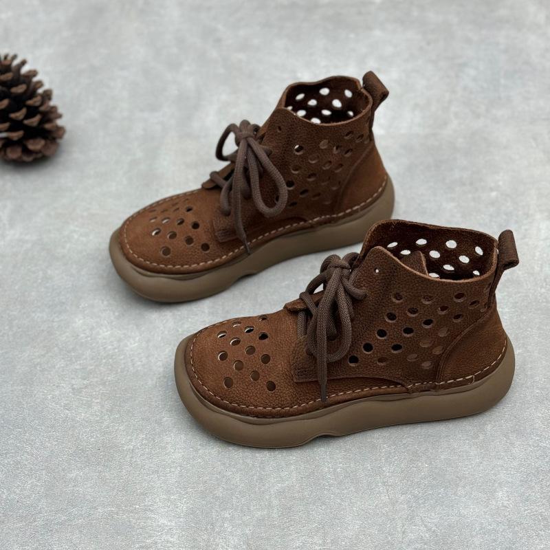 Retro Handmade Genuine Leather Cutout Flat Boots with Round Toe and Lace-up Design for Summer