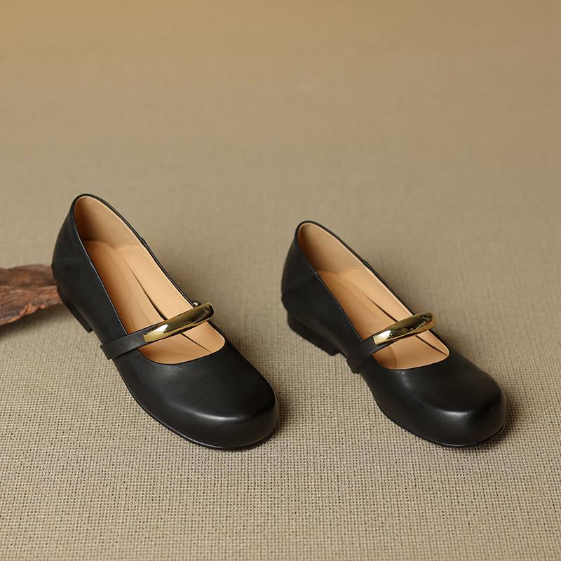 Krazing Pot Full Grain Leather Round Toe Size 40 Thick Low Heels Fashion Metal Decoration Autumn Pumps