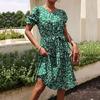 Women Summer Green Floral Print Pleated Dress Short Sleeve O Neck Lace Up