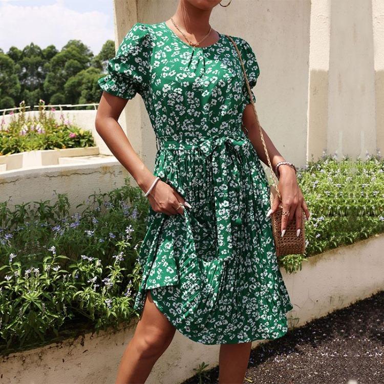 Women Summer Green Floral Print Pleated Dress Short Sleeve O Neck Lace Up