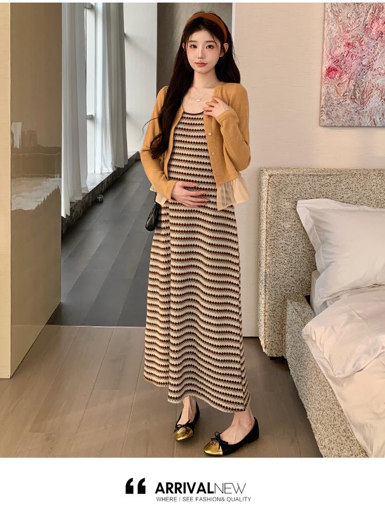 2026 Spring/Summer Striped Maternity Camisole Dress & Ruffled Knit Cardigan Set