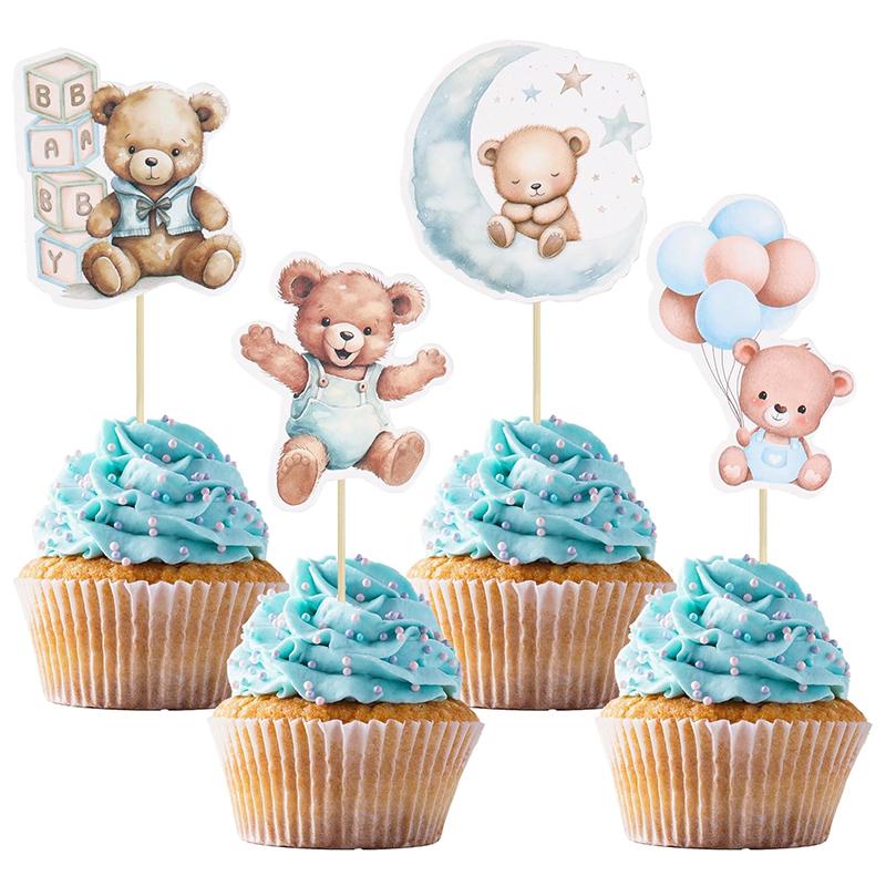 12/24Pcs Cartoon Bear Cupcake Toppers for Kids Baby Boy Girl 1st Birthday Party Cake DIY Decoration Blue Pink Baby Shower Favors