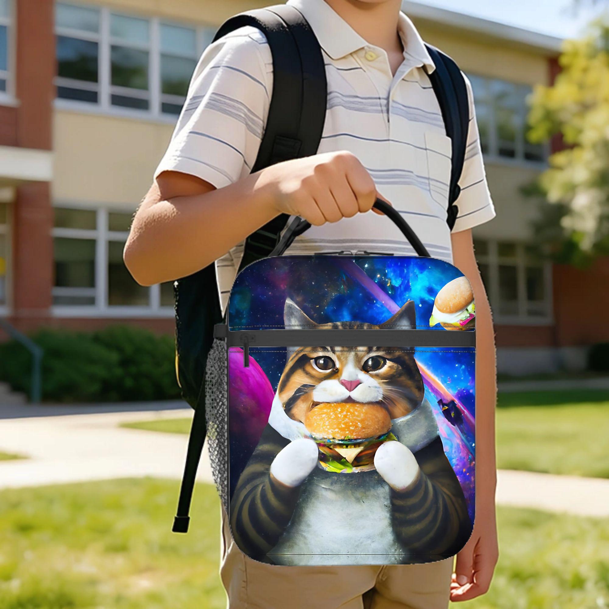 Space Burger Cat Insulated Lunch Bag Cooler Bag Reusable,Lunch Container Hamburger Space Cat Large Tote Lunch Box Picnic One Size