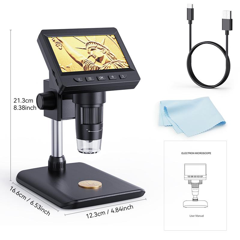 

Digital Microscope with 4.3inch IPS Screen 1600X Coin Microscope 2MP USB Professional Electron Microscopios for Watch PCB Repair чорний