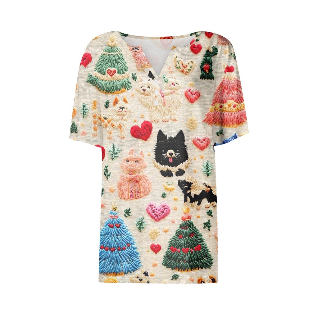Damska Koszulka T-shirt Walentynkowy Nadruk Guzik Krótki Rękaw Tunika Codzienna Weekendowa Moda Podstawowy Dekolt V Regularny Top