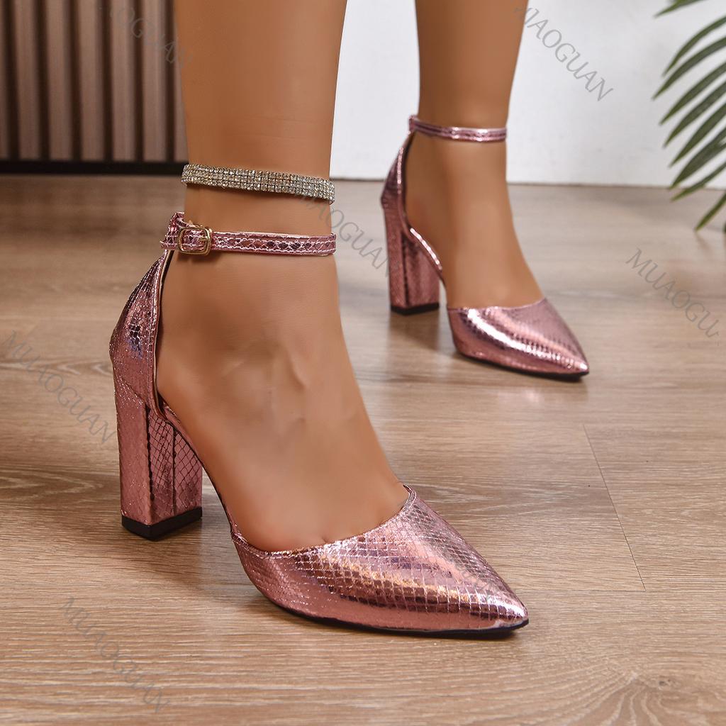 Fashion Women High Heel Shoes Sexy Pointed Toe Shallow Mouth Versatile Autumn Pumps Fashion Ankle Buckle Strap Chunky Heeled Ladies Shoe