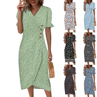 Rochie ocazională de vară pentru femei, cu decolteu în V, linie în formă de A, Boho Ditsy, cu mâneci cu volan, rochie cu tiv