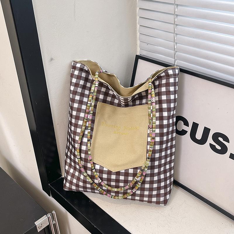 Large-capacity casual double-sided plaid canvas trendy contrasting colors summer new hand-held tote bag