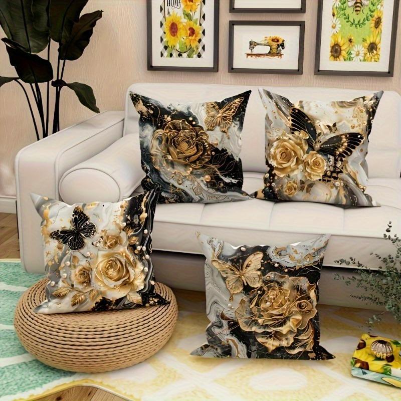Schwarz und Gold Rose Schmetterling Luxus Kissenbezug Schlafzimmer Wohnzimmer Sofa Heimdekor Polyester Kissenbezug mit Reißverschluss