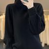Women's Slimming High Neck Wool Sweater with Puff Sleeves - Autumn/Winter Versatile Solid Color Fashion