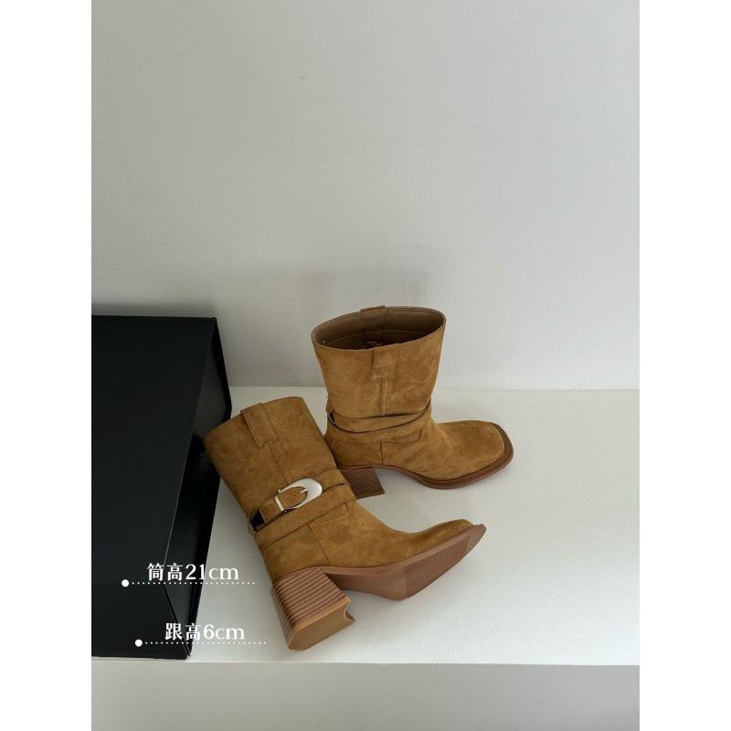 Korean version of thick heel heightening medium boots 2025 belt buckle small western boots women's autumn and winter loose pleated Martin boots